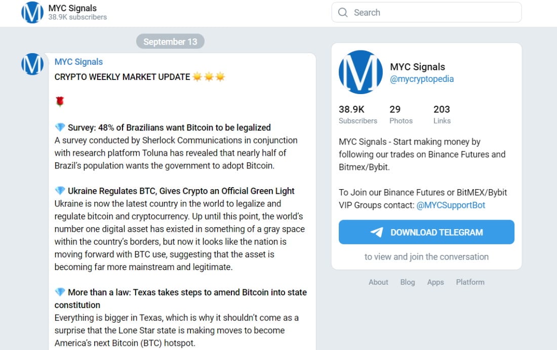 MYC Signals telegram channel with crypto signals