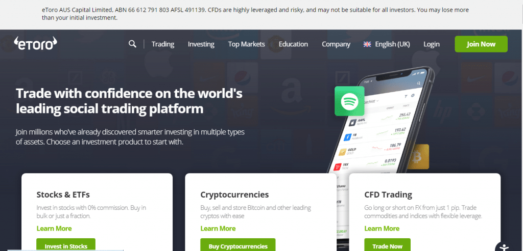 eToro homepage website